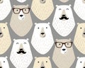 Cute childish seamless pattern with cartoon characters of different hipster bears with mustache and eye glasses