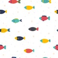 Cute childish seamless pattern in cartoon style. Funny little fish. Marine background. Kids texture. Sea, ocean Royalty Free Stock Photo