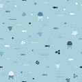 Cute childish seamless pattern in cartoon style. Funny little fishes and jellyfishes. Marine background. Kids texture. Sea, ocean Royalty Free Stock Photo