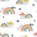 Cute childish seamless pattern with clouds rainbows and stars isolated on white background. Hand drawn Scandinavian style 