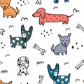 Cute childish seamless pattern with different dogs bones and abstract elements isolated on white background. Hand drawn doodles