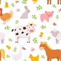 Cute childish seamless pattern with farm animals grazes on the meadow Royalty Free Stock Photo