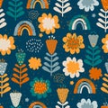 Cute childish seamless pattern with flowers and rainbows in scandinavian style, vector. Perfect for childish fashion prints, baby Royalty Free Stock Photo