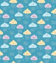 Cute childish seamless pattern with kawaii baby smiling clouds, colorful watercolor rain drops on blue backdrop. Sweet vector Royalty Free Stock Photo