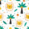 Cute childish seamless pattern with lion  palm  coconut  leaves and dots isolated on white background. Hand drawn Scandinavian Royalty Free Stock Photo