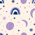 Cute childish seamless pattern with rainbows stars moon planets and dots. Hand drawn Scandinavian style vector illustration
