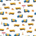 Cute childish seamless pattern with yellow car dump truck, crane, concrete mixer. Construction site illustration in Royalty Free Stock Photo