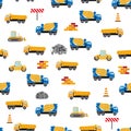 Cute childish seamless pattern with yellow car dump truck, crane, concrete mixer. Construction site illustration in Royalty Free Stock Photo