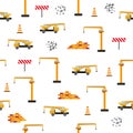 Cute childish seamless pattern with yellow car dump truck, crane, concrete mixer. Construction site illustration in Royalty Free Stock Photo