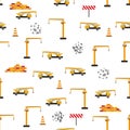 Cute childish seamless pattern with yellow car dump truck, crane, concrete mixer. Construction site illustration in Royalty Free Stock Photo