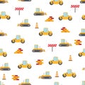 Cute childish seamless pattern with yellow car dump truck, crane, concrete mixer. Construction site illustration in Royalty Free Stock Photo