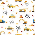 Cute childish seamless pattern with yellow car dump truck, crane, concrete mixer. Construction site illustration in Royalty Free Stock Photo