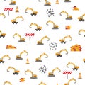 Cute childish seamless pattern with yellow car dump truck, crane, concrete mixer. Construction site illustration in Royalty Free Stock Photo