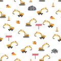 Cute childish seamless pattern with yellow car dump truck, crane, concrete mixer. Construction site illustration in Royalty Free Stock Photo