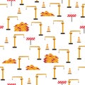 Cute childish seamless pattern with yellow car dump truck, crane, concrete mixer. Construction site illustration in Royalty Free Stock Photo