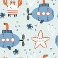 Cute childish seamless repeating childish simple pattern with submarines, starfish and crabs. Royalty Free Stock Photo