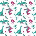 Cute childish seamless vector pattern with dinosaurs with eggs, plants. Funny cartoon dinos on white background. Hand drawn doodle Royalty Free Stock Photo