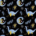 Cute childish seamless vector pattern with Loch ness monster. Vector cute cartoon hand drawn nessie on black background. Loch Royalty Free Stock Photo