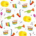 Cute childish seamless vector pattern with musical instruments