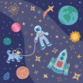 Cute childish space illustration with pet, astronaut and rocket in the universe. The astronaut walks with the dog. Dog in space.