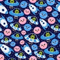 Cute childish space seamless pattern with spaceships and planets on dark background, ideal for bedding design