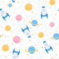 Cute childish space seamless pattern with spaceships and planets on white background