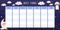 Cute childish weekly planner for kids with sheep sleeping  sweat dreams concept  night with stars and moon  clouds Royalty Free Stock Photo