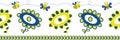 Cute childlike drawing of flowers and kawaii style bees vector border. Banner of yellow, cobalt blue scribbled florals