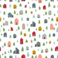 Cute childlike homes and pine and snowflakes. Christmas background for party or gifts. Vector