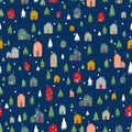 Cute childlike homes and pine and snowflakes. Christmas background for party or gifts. Vector