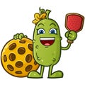 A cute childlike picke cartoon character holding a pickleball paddle and leaning on a huge pickleball Royalty Free Stock Photo