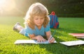 Cute childr boy with books with pencil writing on notebook outdoors. Summer camp. Kids learning and education concept Royalty Free Stock Photo
