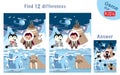 Cute children and animals of North. Find 12 differences. Game for children. Hand drawn full color illustration. Vector