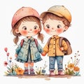 Cute children, boy and girl, holding hands. Watercolor painting of schoolkids with backpacks in autumn clothes standing outdoors
