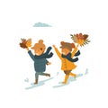 Cute children, boy and girl running with autumn fall leaves in the park isolated vector illustration Royalty Free Stock Photo