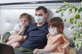 Cute children boy and girl and their father in medical mask sitting at home in quarantine