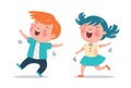 cute children dance with pleasure. a boy and a girl jump and rejoice to the music. Royalty Free Stock Photo