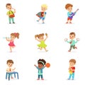 Cute children dancing and playing musical instruments, set for label design. Cartoon detailed colorful Illustrations Royalty Free Stock Photo