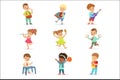 Cute children dancing and playing musical instruments, set for label design. Cartoon detailed colorful Illustrations