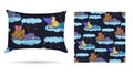 Cute children Decorative pillow with patterned pillowcase in cartoon style children are sleeping on the clouds. Isolated on white.