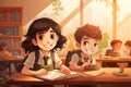 Cute children doing homework in classroom illustration. Generate Ai