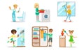 Cute Children Doing Housework Set, Boys and Girls Cleaning Windows, Folding Clothes, Loading Laundry to Washing Machine Royalty Free Stock Photo