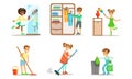 Cute Children Doing Housework Set, Boys and Girls Mopping and Sweeping Floor, Folding Clothes, Wiping Dust, Kids Helping