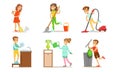 Cute Children Doing Housework Set, Boys and Girls Mopping, Sweeping and Vacuuming Floor, Washing Dish, Watering Plants