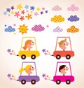 Cute children driving cars kids stuff design elements set Royalty Free Stock Photo