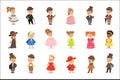 Cute children in elegant clothes for official social events. Kids in historical costumes cartoon colorful Illustrations