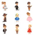Cute children in elegant clothes for official social events. Kids in historical costumes cartoon colorful Illustrations