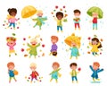 Cute Children Enjoying Autumn and Leaf Fall Big Vector Set