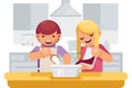 Cute Children Girl Boy Cook Cooking Kitchen Background Flat Design Vector Illustration