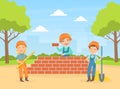 Cute Children in Helmets Building Brick Wall, Smiling Little Builders Making Professional Job on Summer Landscape Vector